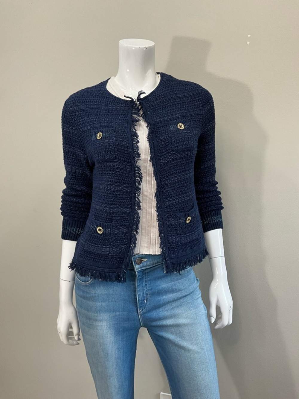 LILLY PULITZER Navy Textured Knit Cardigan Fringe Trim Gold Buttons XS